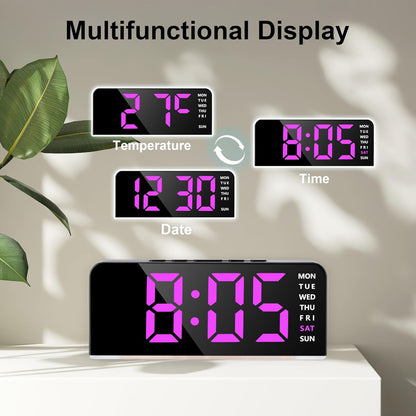 Lafocuse Digital Alarm Clock Bedside with Night Light, 6.7" LED Display Digital Clocks Type-C/Battery Powered with Snooze Adjustable Brightness Temperature for Heavy Sleepers Bedroom Office, Pink