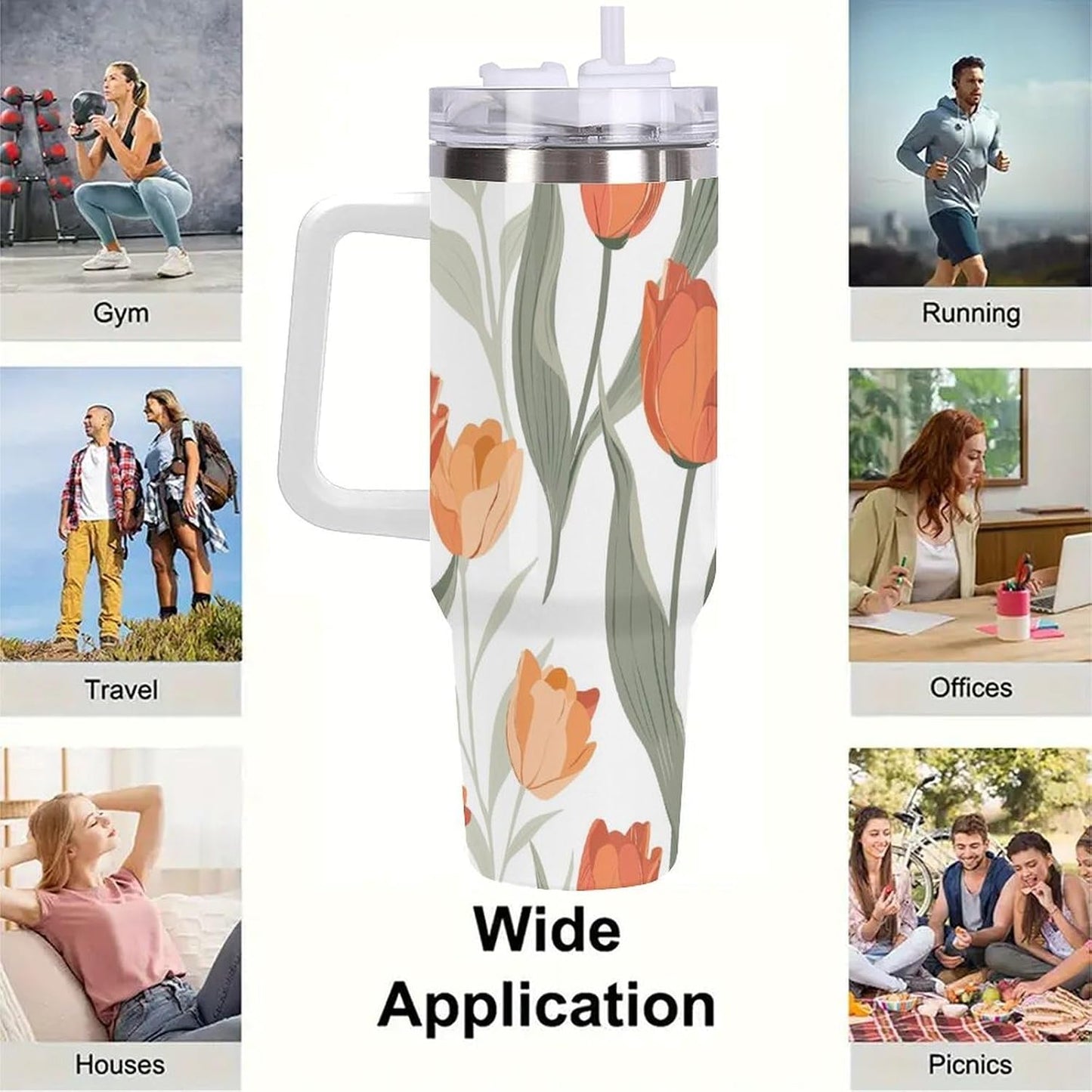 40oz Tumbler with Handle, Peach Orange Tulip Leaf Pattern Printed Stainless Steel Travel Mug, Insulated Car Cup with Straw, Keeps Drinks Hot & Cold, Personalized Gift for Women & Men