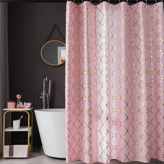 FINECITY Geometric Shower Curtain Set - Metallic Gold Foil Moroccan Lattice Pattern Printed on Soft Fabric Grommet Top Shower Curtain with 12 Hooks, 72 x 72 Inch, Pink and Gold