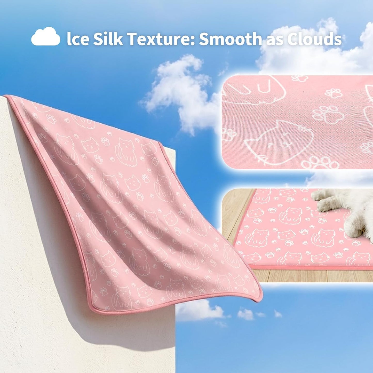 NWK Pet Cooling Mat -Q-Max>0.345 Ice Silk Cooling Mat for Dogs & Cats Portable & Washable Pet Cooling Blanket, Car Seats, Beds for Summer (Pink Cat, 27'' X 20'' X 0.3'')