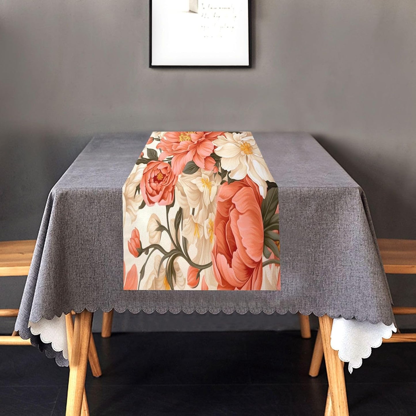 Peach Floral Table Runner 18 x 72 Inch Long Kitchen Dining Table Runners Farmhouse Rustic Table Runners for Wedding Banquet Party Decoration