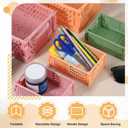 uxcell 2Pcs Small Plastic Storage Baskets, 6 x 3.9 x 2.4 Stackable Foldable Storage Bins with Handles Collapsible Crates for Home Office Shelves Closet Books Organizing, Pink