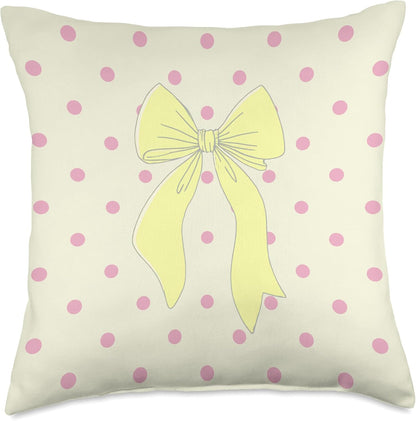 Creamy Yellow Bow Polka Dot Pink Coquette Aesthetic Art Throw Pillow