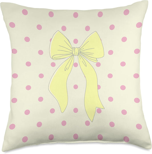 Creamy Yellow Bow Polka Dot Pink Coquette Aesthetic Art Throw Pillow