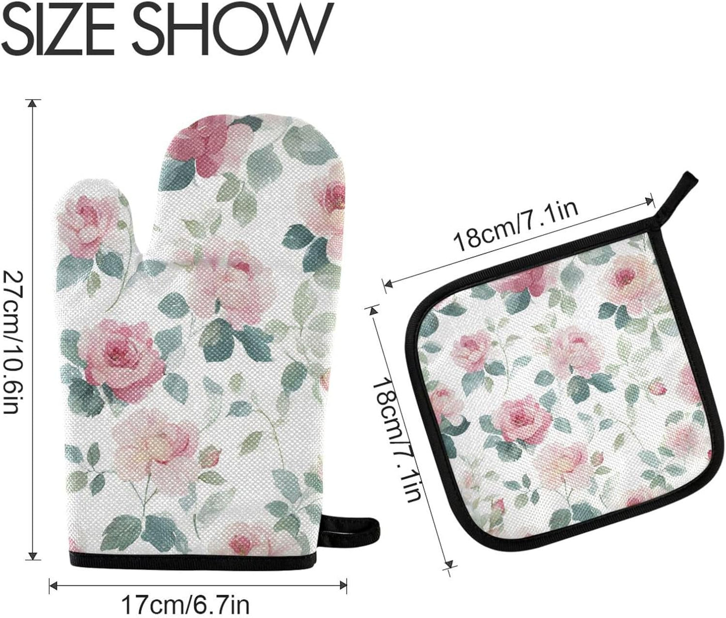 Light Pink Rose Flowers Oven Mitts and Pot Holders Set for Cooking Baking Kitchen Decor