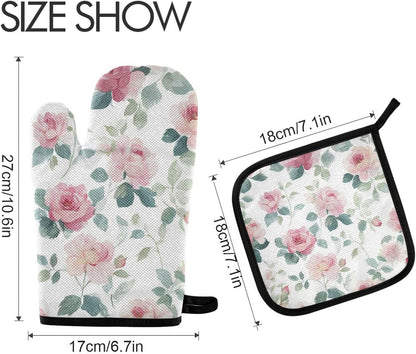 Light Pink Rose Flowers Oven Mitts and Pot Holders Set for Cooking Baking Kitchen Decor