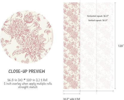 RollsRolla Pink Floral Toile Peel and Stick Wallpaper - Chinoiserie & French Country Design for Living Room, Bedroom and Bathroom - Renter-Friendly Temporary Wallpaper for Apartment