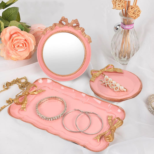 Perfume Tray Coquette Room Decor - 3 Pcs Decorative Jewelry Tray & Bow Makeup Mirror, Cute Jewelry Organizers, Aesthetic Hoom Decor for Room Bathroom Dorm, Vintage Gifts for Women, Pink