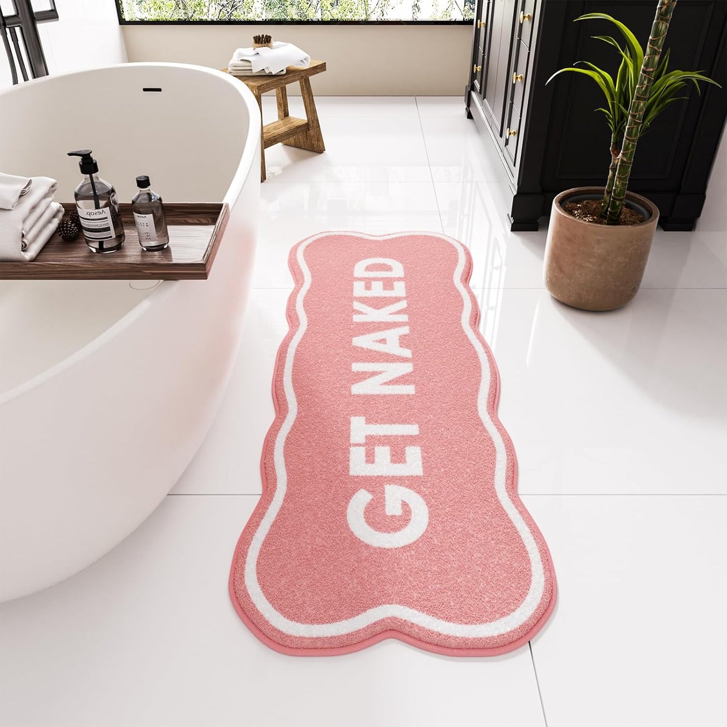 BSSN Get Naked Bath Mat, Cute Pink Bathroom Rug Runner, 18" x 47" Large Microfiber Shaggy Bath Mat - Ultra Absorbent, Non-Slip, Machine Washable Fun Aesthetic Decor Rug for Tub, Shower, Vanity