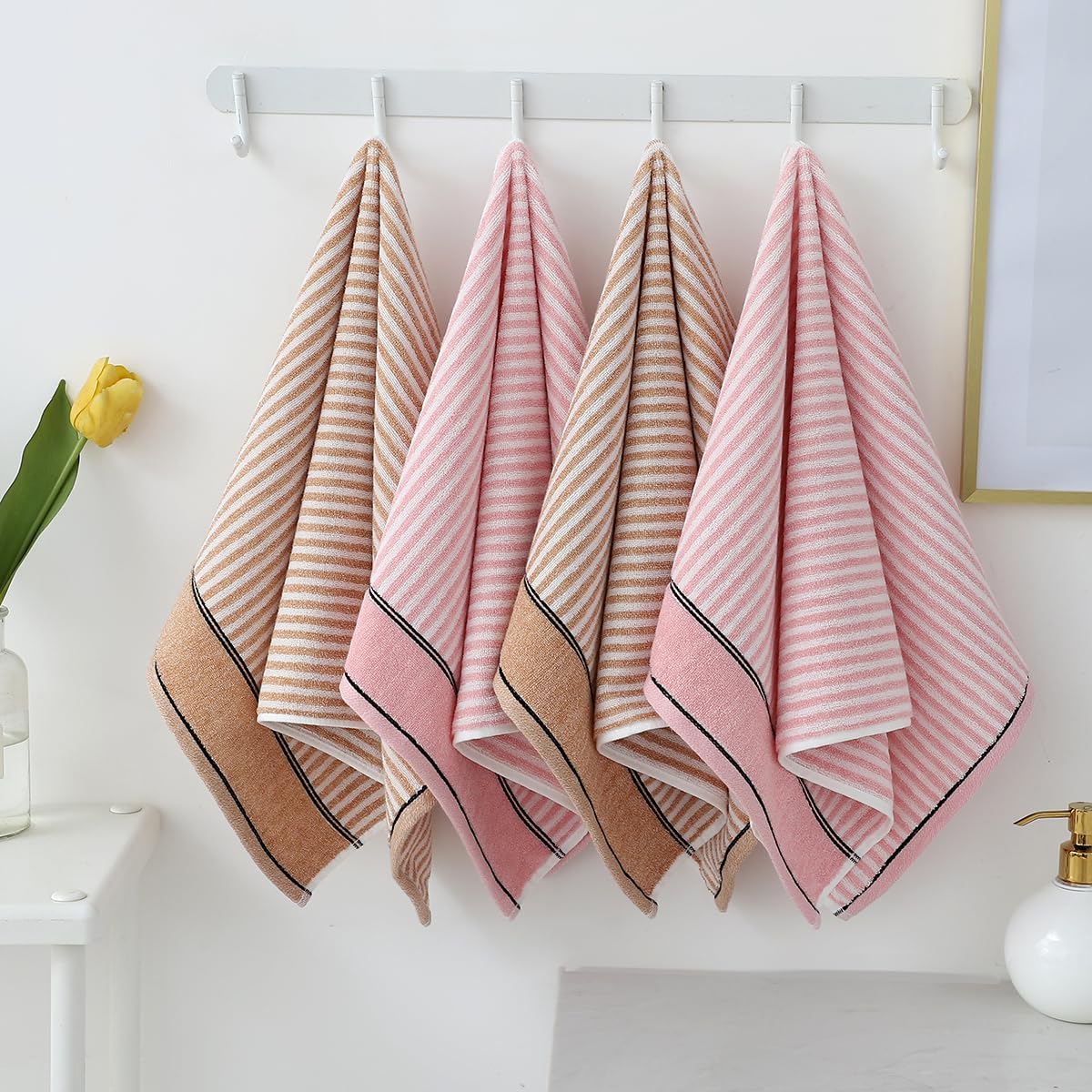 Pidada Hand Towels Set of 2 100% Cotton Striped Pattern Absorbent Soft Decorative Towel for Bathroom (Pink)