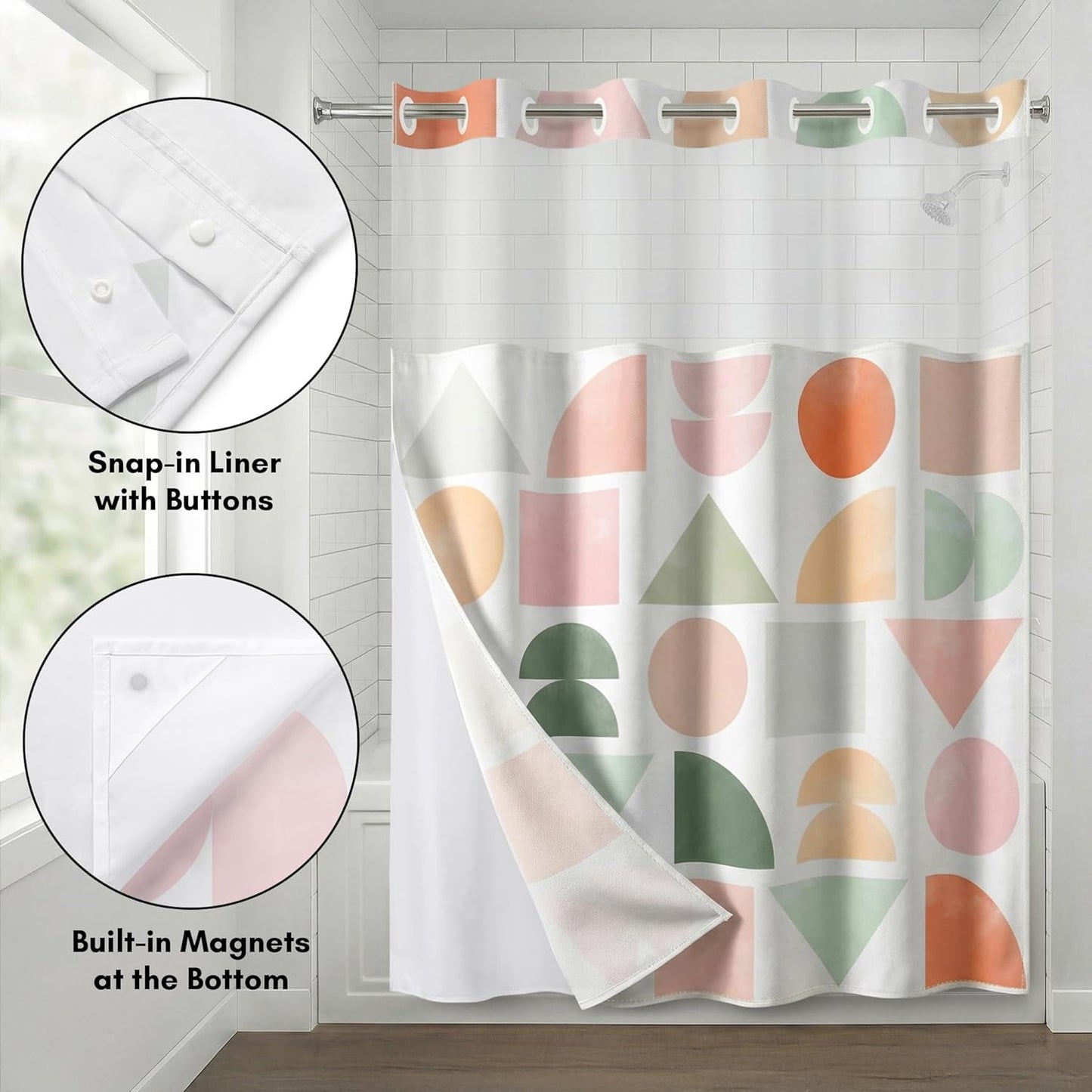 Americanflat 72x75 Hookless Shower Curtain - Water-Resistant Geometric Pastel Shower Curtain with Sheer Panel, Snap-in Liner, and Grommets - 100% Polyester - Peach, Green, Pink, Yellow & White