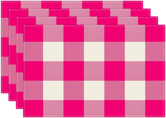 Pink and White Buffalo Check Plaid Placemats Set of 4, 12x18 Inch Waterproof Stain Resistant Linen Table Placemats Farmhouse Kitchen Party Decor Home Décor