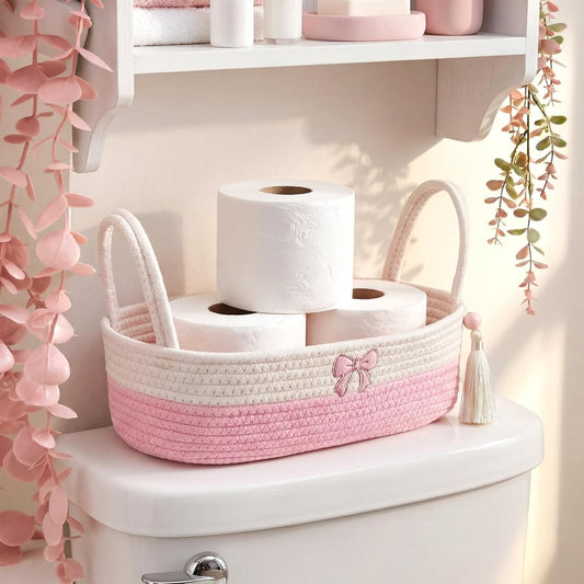 Pink Bow Woven Toilet Paper Basket - Cotton Rope Storage Basket with Handles, Oval Woven Bathroom Organizer Storage Baskets, Decorative Gift Bin for Towels, Kitchen & Vanity, 13.4"×5.5"×3.9"