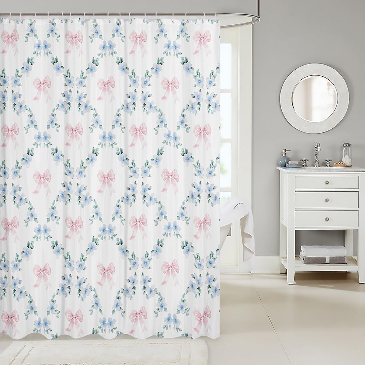 Erosebridal Pink Kawaii Ribbon Bow 72" Wx72 L Shower Curtain for Kids Girls Teen Adults,Blue Flowers Plaid Bowknot Bath Curtain Cute Girly Bow Bathroom Curtains Plant Floral Leaves Bathtub Curtains