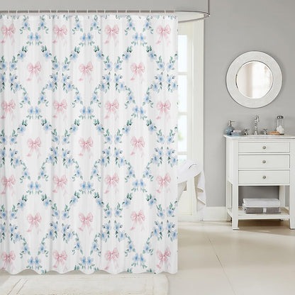 Erosebridal Pink Kawaii Ribbon Bow 72" Wx72 L Shower Curtain for Kids Girls Teen Adults,Blue Flowers Plaid Bowknot Bath Curtain Cute Girly Bow Bathroom Curtains Plant Floral Leaves Bathtub Curtains