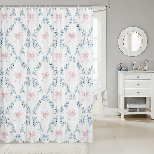 Erosebridal Pink Kawaii Ribbon Bow 72" Wx72 L Shower Curtain for Kids Girls Teen Adults,Blue Flowers Plaid Bowknot Bath Curtain Cute Girly Bow Bathroom Curtains Plant Floral Leaves Bathtub Curtains