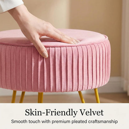 Velvet Vanity Stool, Modern Ottoman Foot Rest Stool with Adjustable Golden Legs, Makeup Chair for Vanity, Multifunctional Small Vanity Chair for Bedroom, Pink