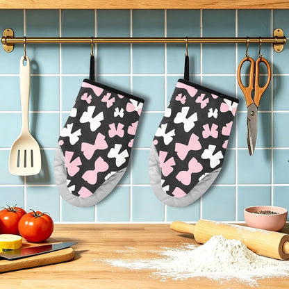 Oven Mitt 2 Pack Set Pink and White Bow Kitchen Mitts Gloves for for Cooking Baking Grilling