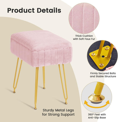 FUXA Vanity Stool with Storage, Pink Vanity Chair 4 Metal Legs with Anti-Slip Feet, Faux Fur Soft Padded Seat, Cute Small Footstool Ottoman, Modern Multifunctional Chairs for Makeup Bedroom