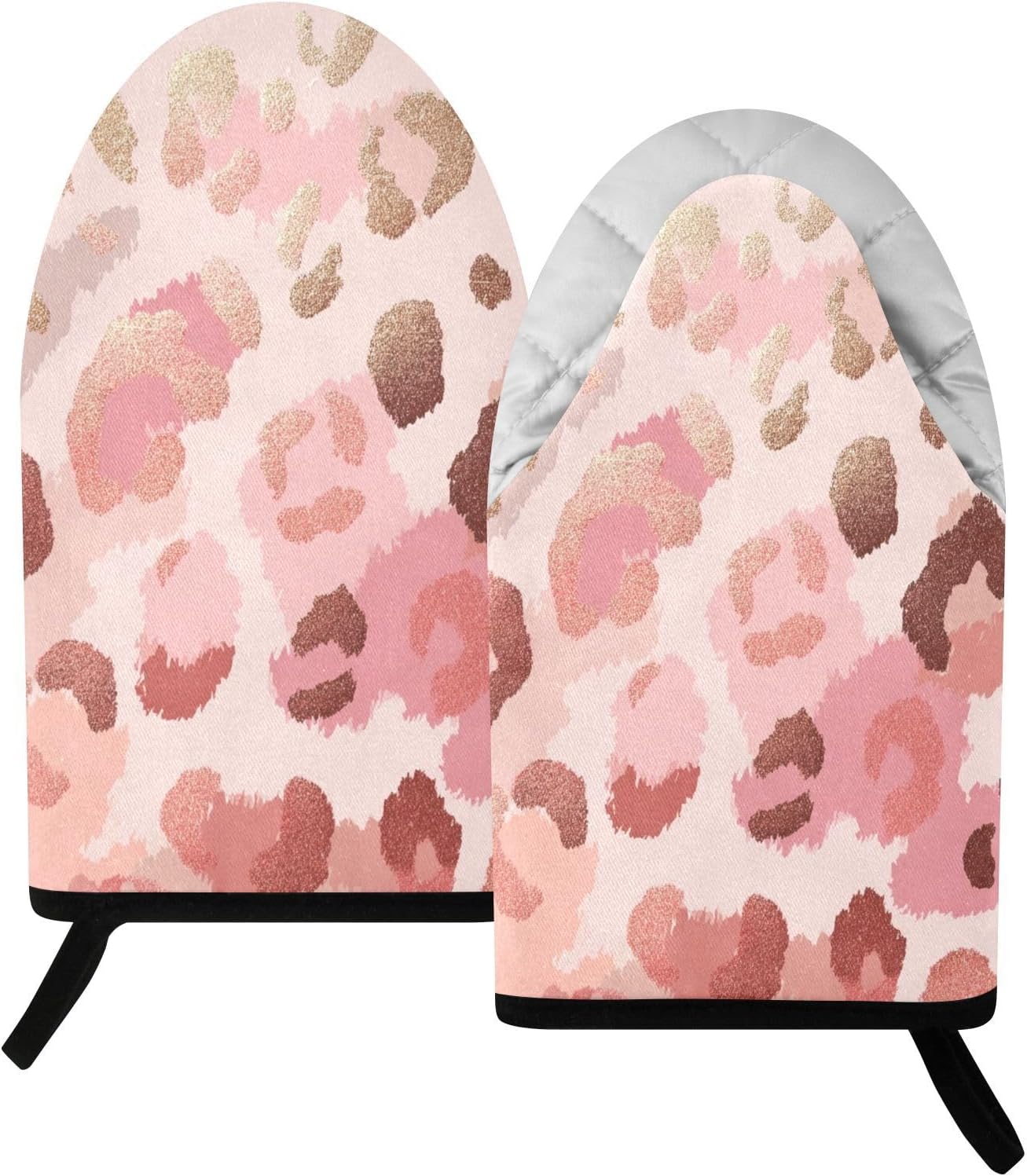 Oven Mitt 2 Pack Set Pink Gold Leopard Print Kitchen Mitts Gloves for for Cooking Baking Grilling