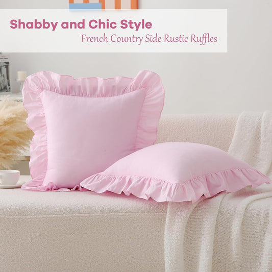 2 Pack Pink Ruffle Throw Pillow Covers 18x18 inches, 100% Cotton French Country Rustic Vintage Decorative Bed Pillow Shams (Pink, 18x18 inches)