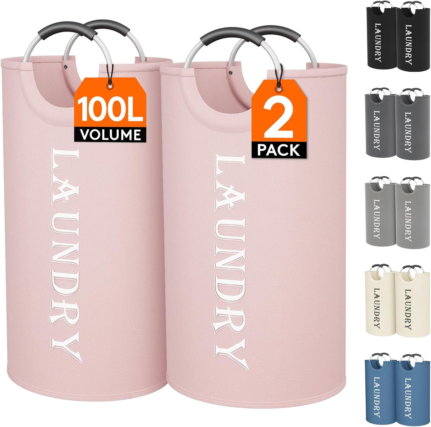Lifewit 100L 2-Pack Large Laundry Basket, Collapsible Laundry Hamper with Aluminum Handles, Waterproof Freestanding Dirty Clothes Hampers for Laundry Room Bedroom Dorm Bathroom, Pink