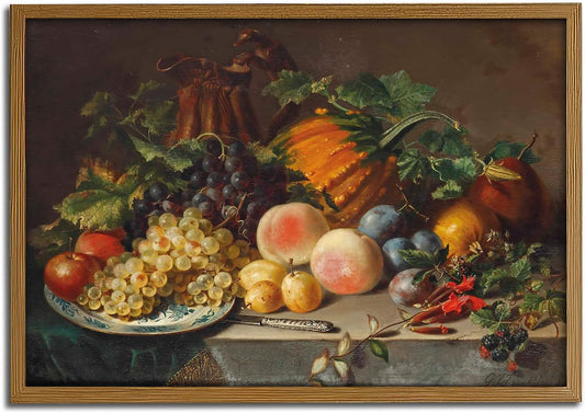 Vintage Still Life Wall Art Vintage Aesthetic Room Decor Classic Oil Painting Reproduction Fruits, Grapes, Peaches, Pumpkin & Flowers Elegant Home Décor for Living Room, Office, or Study Farmhouse Decor(8" x 12"-UNFRAMED)