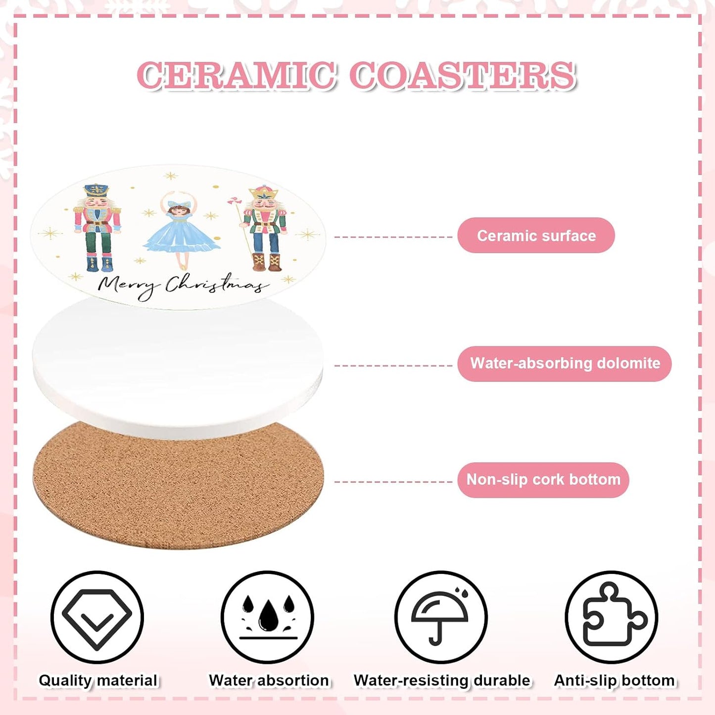 Whaline 4Pcs Christmas Ceramic Coasters Drink Coasters Nutcracker Xmas Winter Absorbent Cup Mat for Holiday Home Kitchen Party Table Decor
