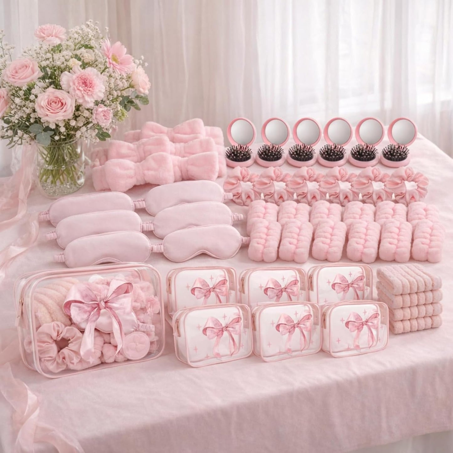 Yebo 64 Pcs Pink Bow Spa Party Favors for Women and Girls, 8 Set Sleepover Spa Party Supplies with Sleep Eye Mask, Wristband, Scrunchie, Bow Headband, Mirror, Hair Comb and Gift Bags