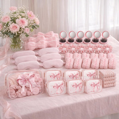Yebo 64 Pcs Pink Bow Spa Party Favors for Women and Girls, 8 Set Sleepover Spa Party Supplies with Sleep Eye Mask, Wristband, Scrunchie, Bow Headband, Mirror, Hair Comb and Gift Bags
