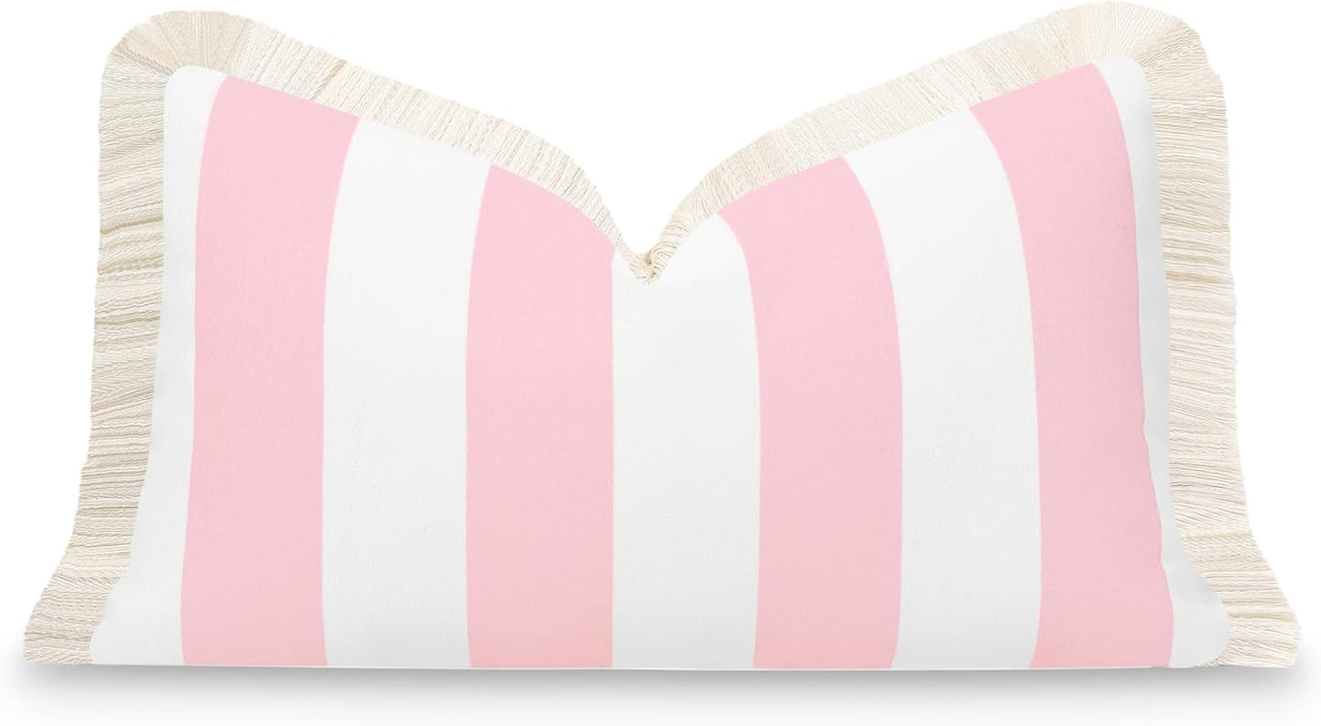 Hofdeco Premium Coastal Patio Indoor Outdoor Lumbar Pillow Cover Only, 12"x20" Water Repellent for Backyard, Couch, Blush Pink Stripe Fringe