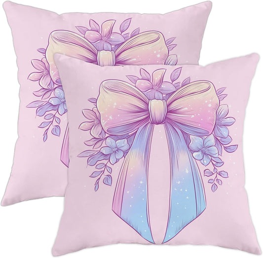 Pastel Bow Pillow Covers Set of 2, Peach Floral Decorative Throw Pillows, Spring Easter Home Decor Cushion Cases for Sofa Couch 20x20 Inch
