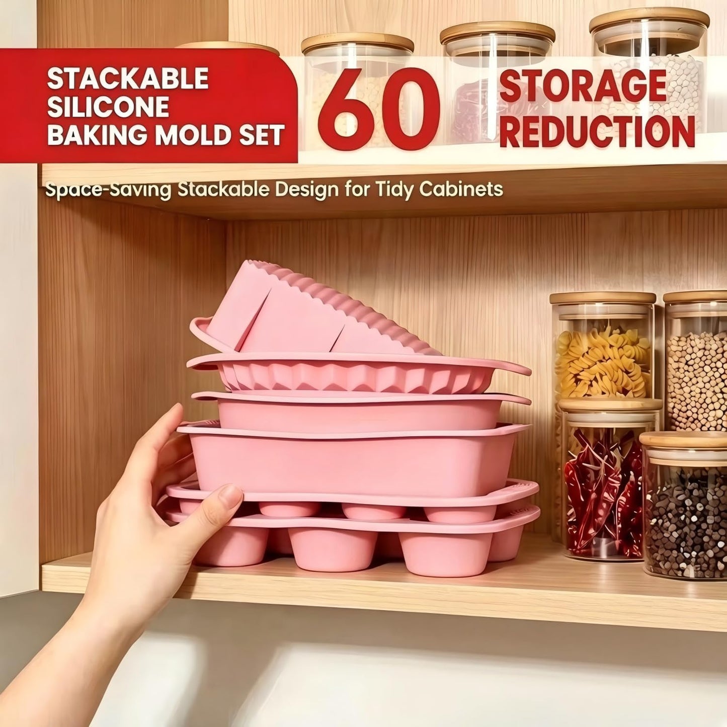 25 PCS Silicone Baking Pans Set, Nonstick Bakeware Sets with Round Cake Pans, Muffin Pans, Baking Cups and Spoons for 450°F Oven Safe Bread, Cupcakes and Desserts (Pink)
