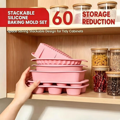 25 PCS Silicone Baking Pans Set, Nonstick Bakeware Sets with Round Cake Pans, Muffin Pans, Baking Cups and Spoons for 450°F Oven Safe Bread, Cupcakes and Desserts (Pink)
