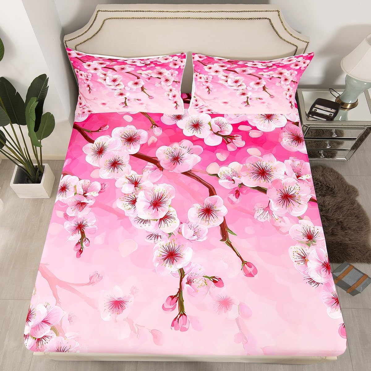 Peach Blossom Kids Fitted Sheet Queen Size,Pink Flowers Spring Romantic Bedding Set,Girls Boys Adults Bedroom Decor,Florals Rustic Nauture View Bed Cover,Dreamy Bed Sheet,2 Pillowcases