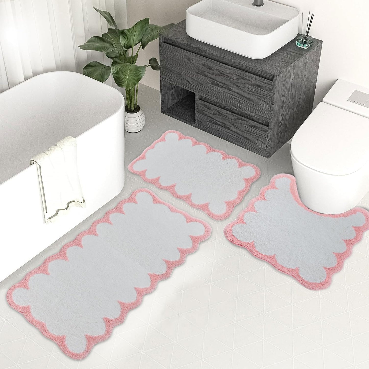 Urltmaji Scalloped Bathroom Rugs Sets 3 Piece, Non-Slip Cute Bath Mat with U-Shaped Contour Quick Dry Absorbent Plush Microfiber Pink Toilet Mats Fun Machine Washable Bath Rug for Sink Tub Shower