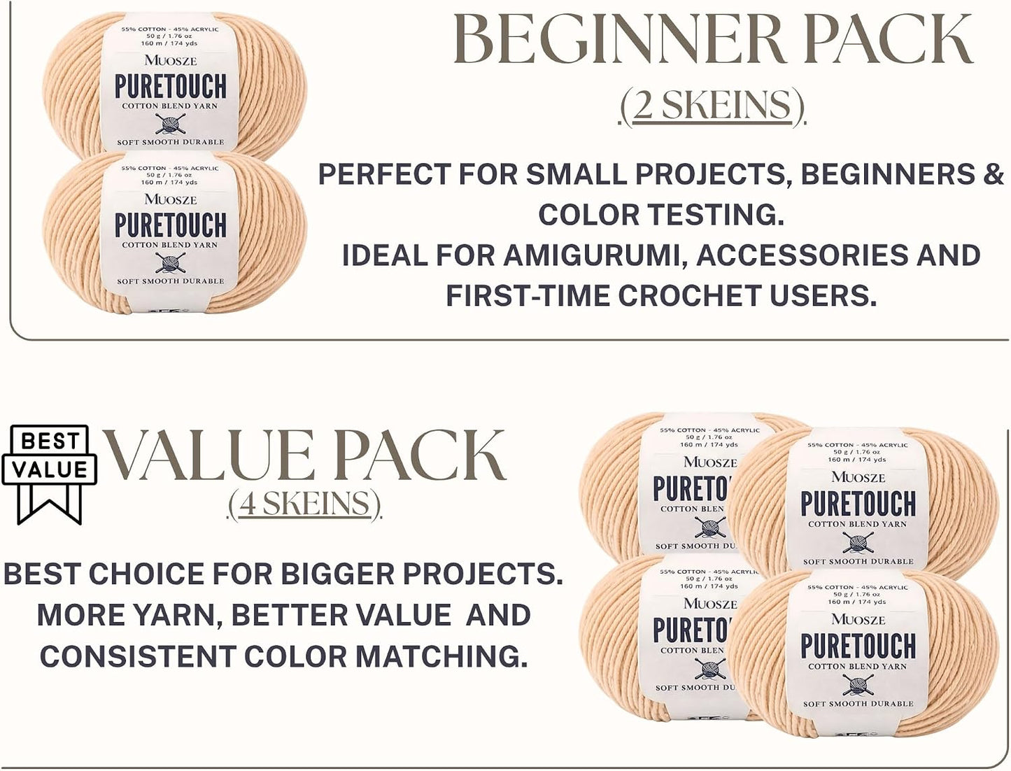 PureTouch Cotton Blend Yarn, Soft & Durable Crochet Yarn for Knitting & Amigurumi, 174 Yards, 50g, 55% Cotton 45% Acrylic (Peach Beige, 2 SKEINS)