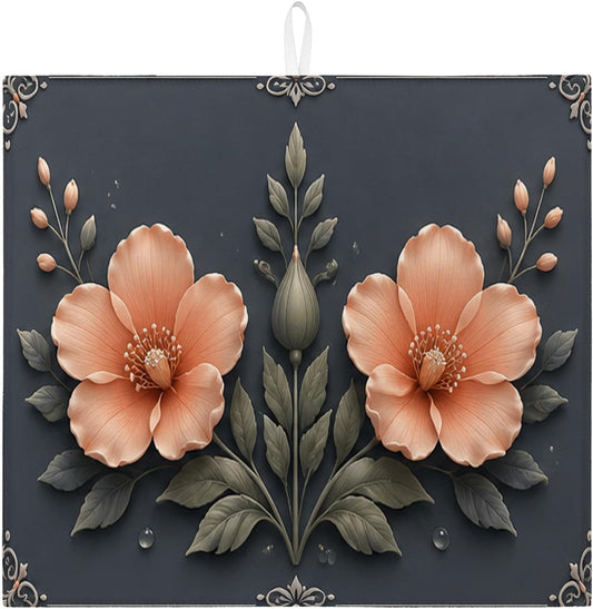 Peach Floral Dish Drying Mats for Kitchen Counter, Vintage Absorbent Dish Drainer Rack Mat, Rustic Microfiber Drying Pad for Home Decor 16x18 Inch
