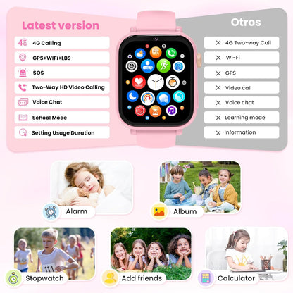 4G Kids Smart Watch GPS Tracker, Smartwatch for Kid with Video Calling, Voice Chat, Class Mode, SOS , Pedometer, Alarm, SIM Card HD Touch Screen Phone Watch Gift for 4-12 Girls Boys (Light Pink)