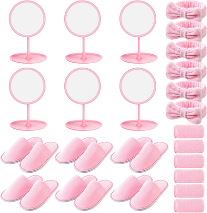 Twistover 24 Pcs Girls Spa Party Supplies for Kids Foot Spa Birthday Party Favors Include 6 Mirrors 6 Bow Headbands 6 Disposable Slippers 6 Towels for Sleepover Slumber Gifts