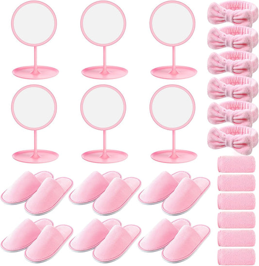 Twistover 24 Pcs Girls Spa Party Supplies for Kids Foot Spa Birthday Party Favors Include 6 Mirrors 6 Bow Headbands 6 Disposable Slippers 6 Towels for Sleepover Slumber Gifts