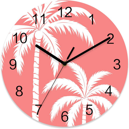 Coastal Palm Tree Wall Clock Battery Operated Non-Ticking 10" Round Wood Clocks, Tropical Plant Coral Pink Kitchen Wall Clock for School Bathroom Living Room Home Office Wall Decor