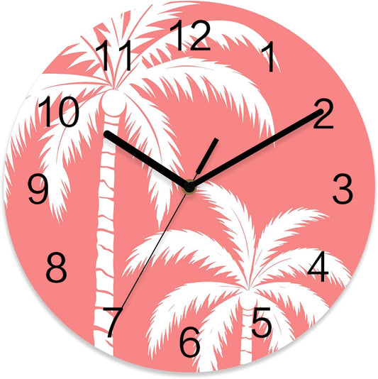 Coastal Palm Tree Wall Clock Battery Operated Non-Ticking 10" Round Wood Clocks, Tropical Plant Coral Pink Kitchen Wall Clock for School Bathroom Living Room Home Office Wall Decor