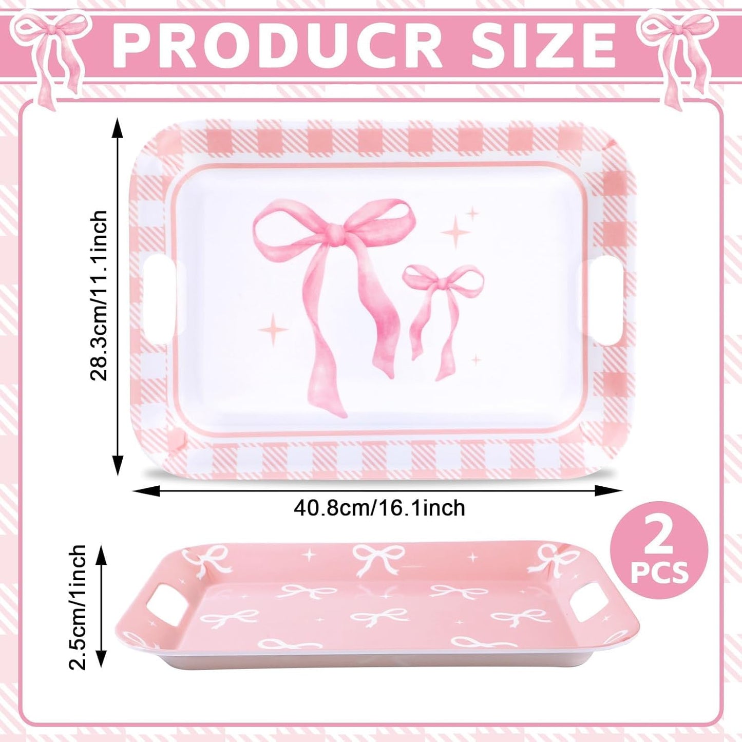 gisgfim 2PCS Pink Bow Serving Trays with Handles 16 X 11 Inch Large Melamine Platter Bow Party Decorations Food Tray Dessert Plate Dish for Girls Bachelorette Wedding Birthday Party Supplies