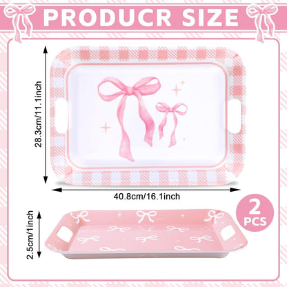 gisgfim 2PCS Pink Bow Serving Trays with Handles 16 X 11 Inch Large Melamine Platter Bow Party Decorations Food Tray Dessert Plate Dish for Girls Bachelorette Wedding Birthday Party Supplies