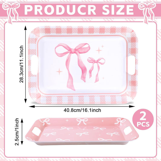 gisgfim 2PCS Pink Bow Serving Trays with Handles 16 X 11 Inch Large Melamine Platter Bow Party Decorations Food Tray Dessert Plate Dish for Girls Bachelorette Wedding Birthday Party Supplies