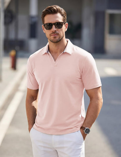 TACVASEN Mens Polo Shirts V Neck Short Sleeve Knitted Golf T Shirts Collared Summer Vacation Tops Johnny Collar Polo