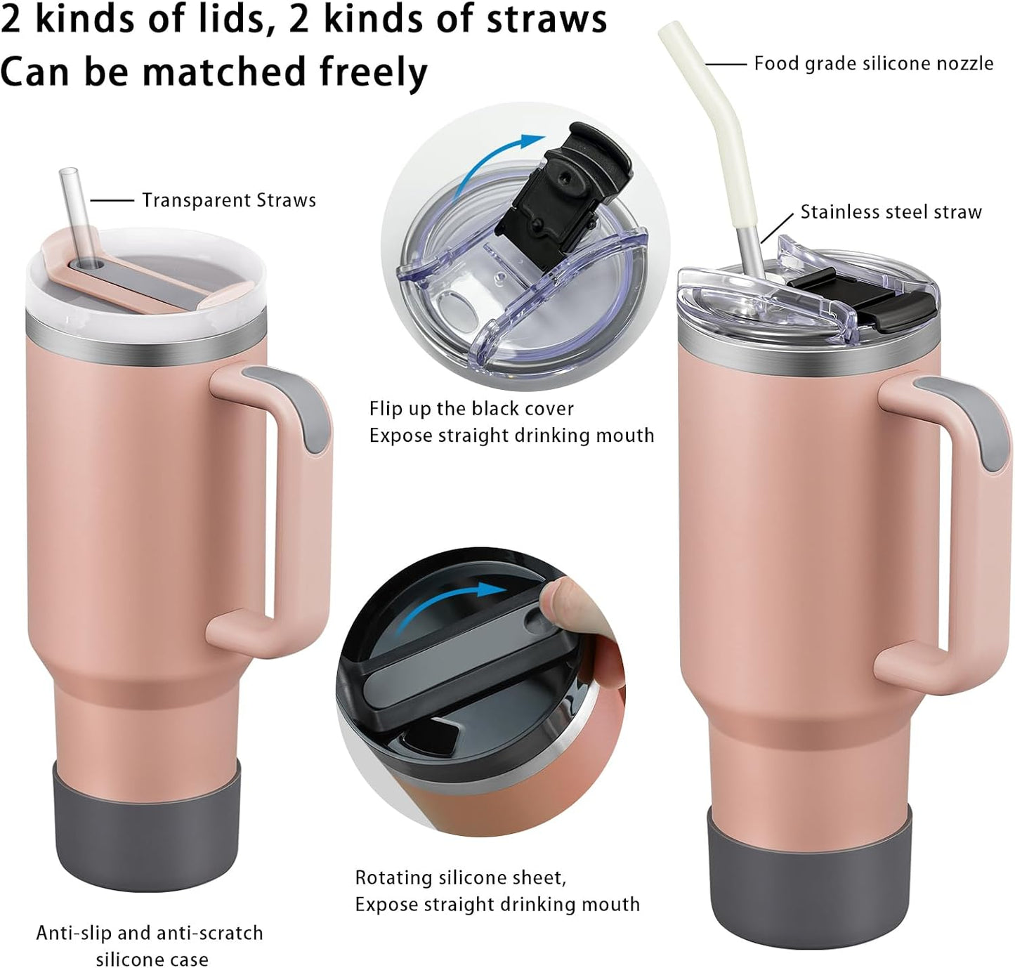 TEAMVV 40 oz Tumbler with Handle and Straw Lid,Insulated Cup Reusable 304 Stainless Steel Water Bottle Travel Mug Cupholder Friendly for Coffee,Smoothie or Water,Iced Tea(Light Pink)