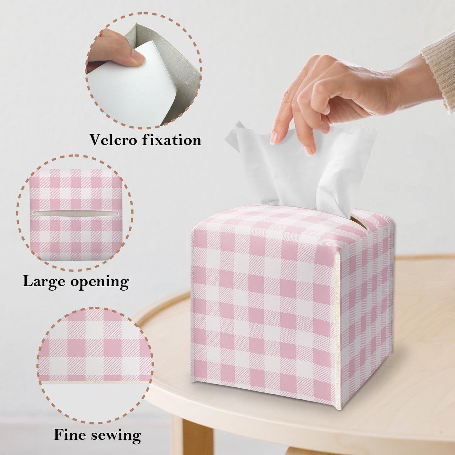 Pink and White Checkered Tissue Box Cover Square, Leather Tissue Box Holder with Bottom Belt, Cute Home Decoration for Bathroom Vanity Countertop, Nightstands, Dining Table, Office, Car -38