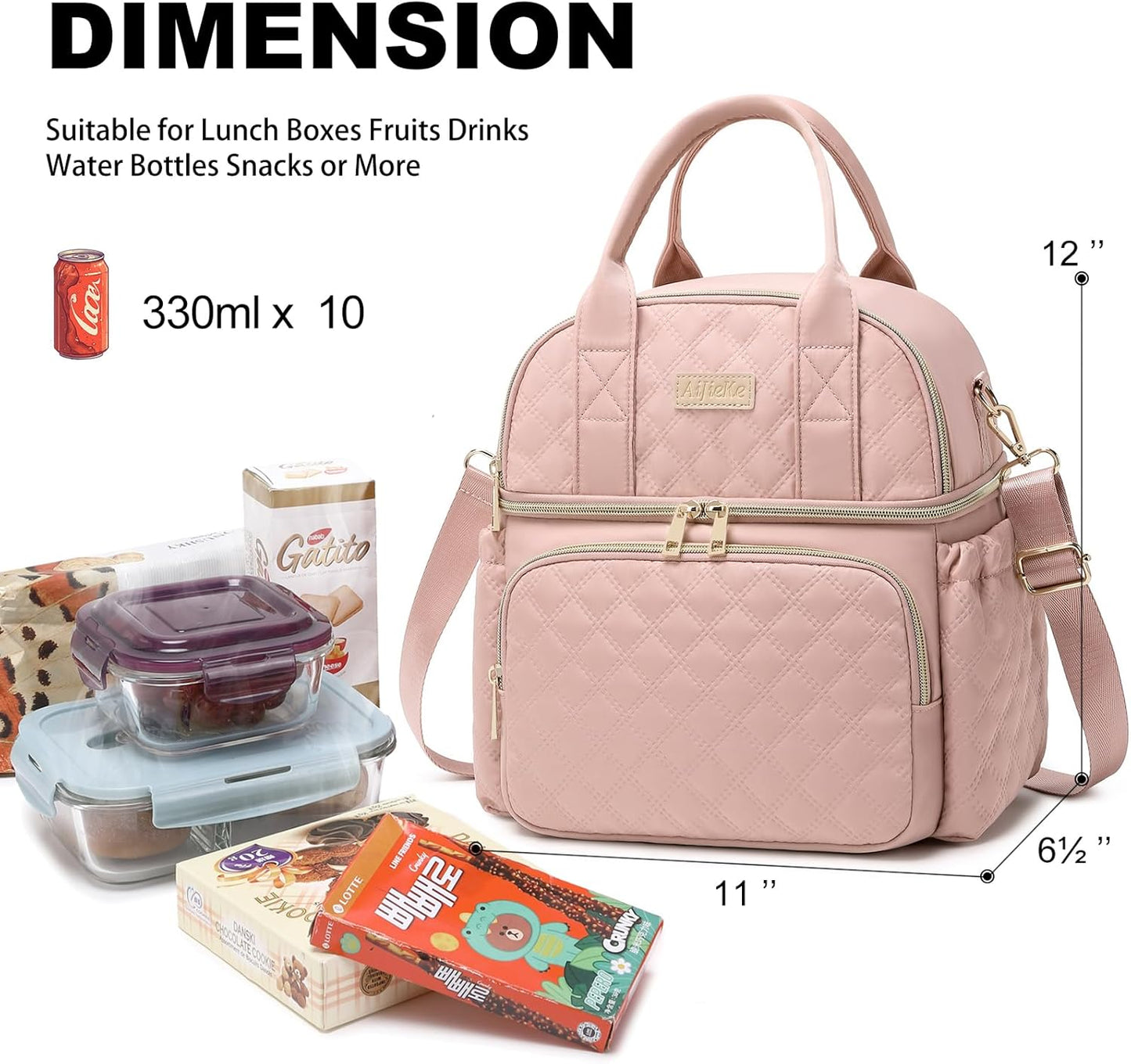 AIJIEKE Large Insulated Lunch Bag for Women, Double Compartment Leakproof Lunch Box for Work Office, Reusable Cooler Tote with Adjustable Strap & Side Pockets for Adults Picnic Beach, Pink